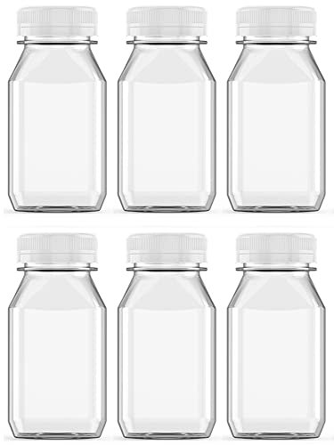 Axe Sickle 6 Pcs 4 Ounce Juice Bottles Plastic Milk Bottles Bulk Beverage Containers with Tamper Evident Caps Lids White for Milk, Juice, Drinks and Other Beverage Containers