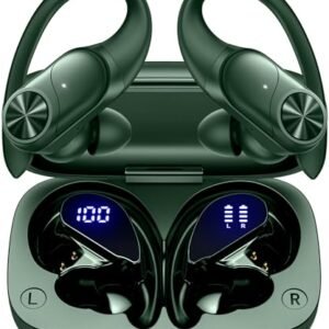 PocBuds Bluetooth Headphones Wireless Earbuds 80hrs Playtime Wireless Charging Case Digital Display Sports Ear buds with Earhook Deep Bass IPX7 Waterproof Over-Ear Earphones for TV Phone Laptop Olive