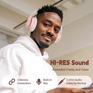 Glynzak Wireless Bluetooth Headphones Over Ear 65H Playtime HiFi Stereo Headset with Microphone and 6EQ Modes Foldable Bluetooth V5.3 Headphones for Travel Smartphone Computer Laptop Rose Gold