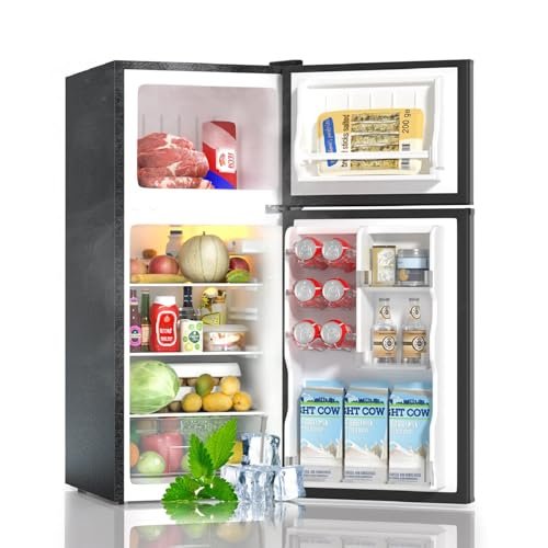BANGSON Small Refrigerator with Freezer, 4.0 Cu.Ft, Samll Fridge with Freezer, 5 Settings Temperature Adjustable, 2 Doors, Compact Refrigerator for Apartment Bedroom Dorm and Office, Black