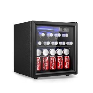 EUHOMY 48 Can Beverage Refrigerator cooler-Mini Fridge Glass Door for Beer Drinks Wines, Countertop Beverage Fridge with Adjustable Shelves Blue LED for Home/Office/Dorm/Bar, 1.3 cu.ft