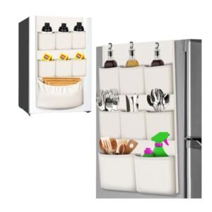 homyfort Mini Fridge Organizer Caddy, Over Fridge Storage Hanging Organizer, Dorm Fridge Organizers and Storage Shelf with 15 Pockets for College Dorm and Office (Beige)