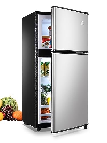 KRIB BLING Mini Fridge With Freezer,Compact Refrigerator With 2 Doors,7- Level Adjustable Thermostat, Removable Glass Shelves For Bedroom, Office, Kitchen, Apartment, Dorm, 3.5 Cu. Ft Silver