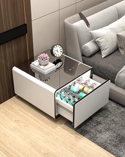 LIVTAB Smart Side Table with Built-in Fridge, 27.8" D x 26.5" W x 18.1" H, White