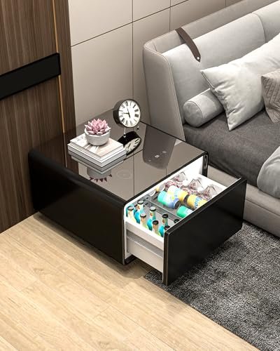 LIVTAB Smart Nightstand, Side Table with Built in Fridge, 27.8" D x 26.5" W x 18.1" H, Mini Coffee Table, Modern End Table 15W Wireless Charging with USB Chargers and outlets for Bedroom (Black)