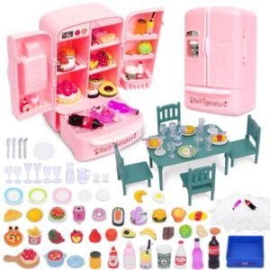 ETNRHP Dollhouse Mini Toy Fridge Green Table Dining with Mini Food Play Refrigerator for Kids Kitchen Furniture Fruits Vegetable Drink Milk Desserts for Kids Pretend Play Game Fake Ice Cubes