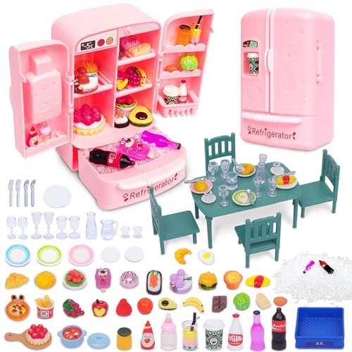ETNRHP Dollhouse Mini Toy Fridge Green Table Dining with Mini Food Play Refrigerator for Kids Kitchen Furniture Fruits Vegetable Drink Milk Desserts for Kids Pretend Play Game Fake Ice Cubes