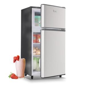 WANAI Mini Fridge with Freezer, 3.5 Cu.Ft Double Door Small Refrigerator, Freestanding Fridge with 7 Adjustable Thermostat & Removable Shelves Silver