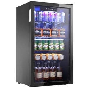Icyglee Beverage Refrigerator Cooler - 126 Can Mini Fridge with Glass Door for Soda Beer, Wine, Beverage Cooler for Home, Office, Bar with Adjustable Removable Shelves, Black Steel