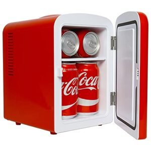 Coca Cola Mini Fridge for Bedroom Skincare Cosmatic Office 4L Small Refrigerator 6 Can Mini Refrigerator Dorm Fridge Portable Cooler 12V DC 110V AC Personal Travel Refrigerator Snacks Drinks Red