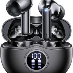 QYCAITEK Bluetooth Headphones 5.3 Stereo Wireless Earbuds, 50 Hours of Playback with LED Display in-Ear Ear Buds with 4 Microphones IPX7 Waterproof Earphones for Sports, Black