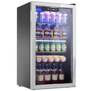 Icyglee Beverage Refrigerator Cooler - 126 Can Mini Fridge with Glass Door for Soda Beer or Wine, Beverage Cooler for Home, Office, Bar with Adjustable Removable Shelves, Silver