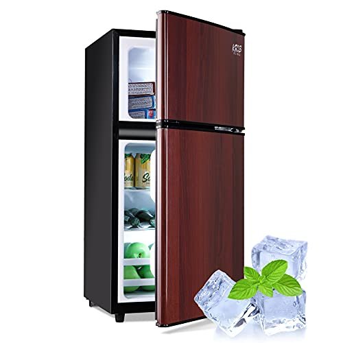 KRIB BLING 3.5 cu.ft Portable Mini Fridge with Removable Glass Shelves, Compact Refrigerator 2 Door Fridge with,Small Refrigerator Storage Cooler for Office, Dorm, Apartment,Bar Wood, (FLB-80-WD)