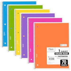 Mead Spiral Notebooks, 6 Pack, 1-Subject, College Ruled Paper, 8" x 10-1/2", 70 Sheets, Assorted Bright Colors (830050-ECM)