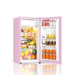 Seaoola Mini Fridge with Freezer, Single Door 3.1 Cu.Ft, Compact Mini Refrigerator, LED Light, Adjustable Thermostat, Removable Glass Shelves, Small Refrigerator for Dorm/Office/Bedroom(Pink)