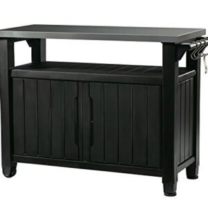 Portable Outdoor Kitchen Table & Storage Cabinet with Steel Top, Dark Grey