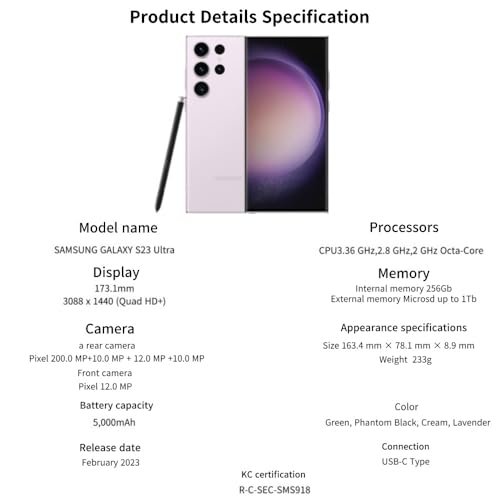 Galaxy S23 Ultra 5G Smartphone, 6.8" AMOLED, Stunning Lavender Finish - Image 4