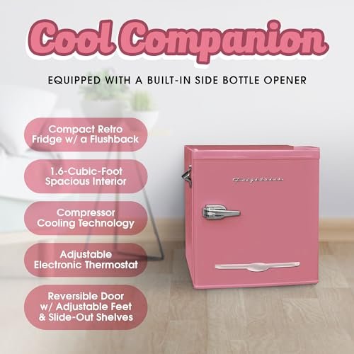 Frigidaire EFR176 Retro Compact Fridge with Chiller Mini Refrigerator with Built-in Bottle Opener for Office, Bedroom, Dorm Room or Cabin, 1.6 cu ft 16"D x 18"W x 18.5"H, Pink - Image 3