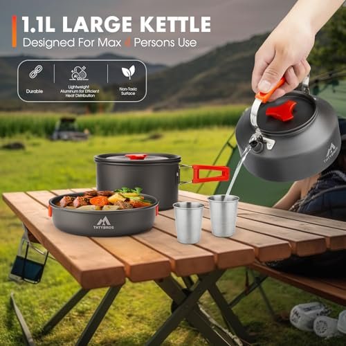 17-Pc Camping Cookware Set with Kettle, Pot, Pan, Cups, Plates & Utensils - Image 7