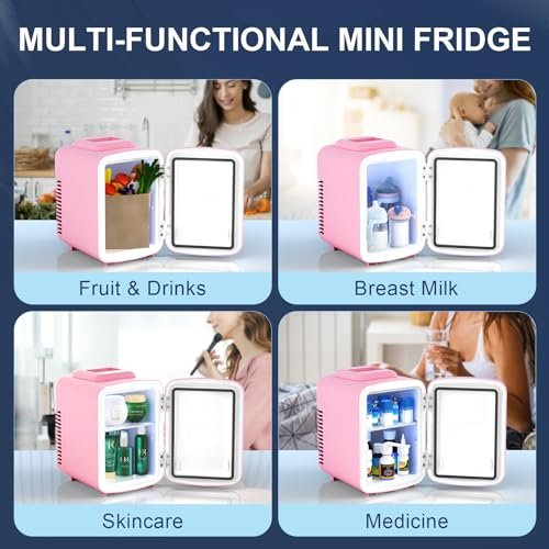 Mini Fridge Pink, 4 Liter/6 Cans Skincare Fridge for Bedroom, 110V AC/12V DC Portable Thermoelectric Cooler and Warmer Small Refrigerators for Beauty & Makeup, Dorm Office and Car - Image 3