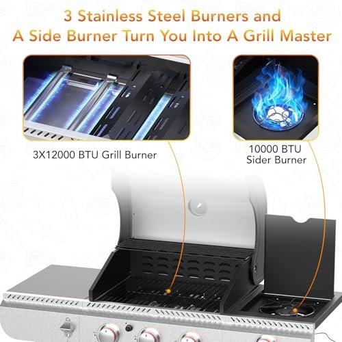 Premium 3-Burner Propane Gas Grill w/ Side Burner | 37000 BTU Stainless Steel BBQ - Image 6