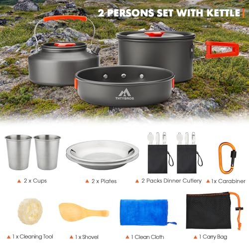 17-Pc Camping Cookware Set with Kettle, Pot, Pan, Cups, Plates & Utensils - Image 6