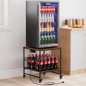 Upgrade Your Space with the Ultimate Mini Fridge Stand Cart: Holds 220 LBS and Includes Charging Station for Home, Office, Dorm, Apartment, and Kitchen Use!