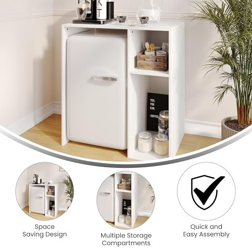 Flash Furniture Lotus Mini Fridge Shelf Organizer, Space Saving Over Shelf for Mini Fridge with Dual Cubby Spaces, Engineered Wood, 33.75" W, White - Image 4