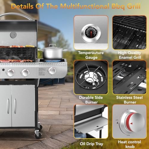 Premium 3-Burner Propane Gas Grill w/ Side Burner | 37000 BTU Stainless Steel BBQ - Image 2