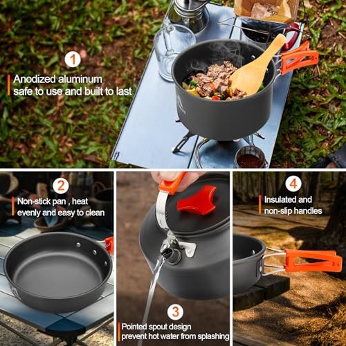 17-Pc Camping Cookware Set with Kettle, Pot, Pan, Cups, Plates & Utensils - Image 4