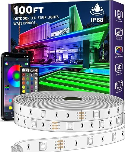 Waterproof RGB LED Strip Lights - 100ft Bluetooth Music Sync Outdoor Lighting