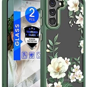Dretal for Samsung Galaxy S21 5G Case Floral, Military Grade Drop Tested Hard Back & Soft Edge Slim Flower Women Girls Phone Protective Cover + Tempered Glass Screen Protector for Galaxy S21（Green