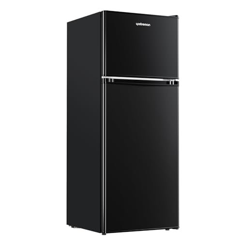 Upstreman 4.0 Cu.Ft. Small Refrigerator with Freezer, Dorm Essentials, Double Door Mini Fridge for Office, Dorm, Bedroom, Adjustable Thermostat, Large Capacity, Black-BR401