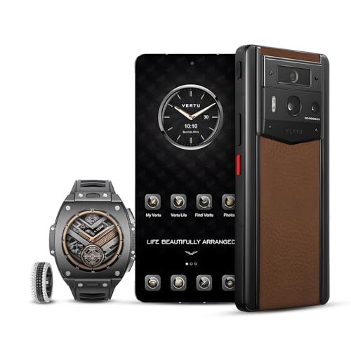 VERTU Smart Devices Collection Included a 512G Calf Skin Metavertu 2, a Black Ceramic Beyond Grand Smart Watch, a Ai Diamond Ring, Smart Phone and Wearable Smart Device Collection (Brown)