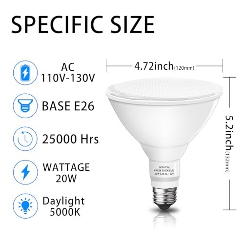 Gonhom PAR38 Flood Light Bulbs, Dimmable 5000K LED, 20W=200W, 2 Pack - Image 6