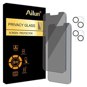 Ailun 2 Pack Privacy Screen Protector for iPhone 14 [6.1 inch] + 2 Pack Camera Lens Protector, Anti Spy Private Tempered Glass Film, Case Friendly, [9H Hardness] - HD [4 Pack]