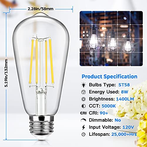 4-Pack Edison LED Bulbs 100W Eq, 1400LM, 5000K Daylight, CRI90+, Clear Glass - Image 2