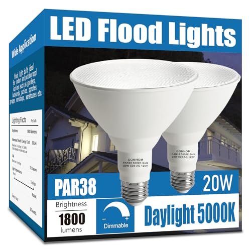 Gonhom PAR38 Flood Light Bulbs, Dimmable 5000K LED, 20W=200W, 2 Pack