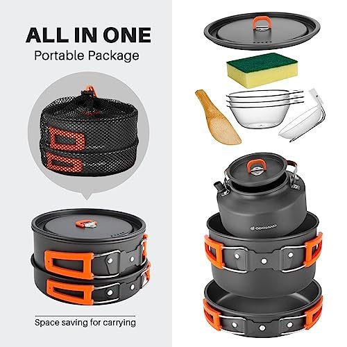 Odoland 10-Piece Camping Cookware Set with Kettle, Bowls & Spoon for Outdoors - Image 2