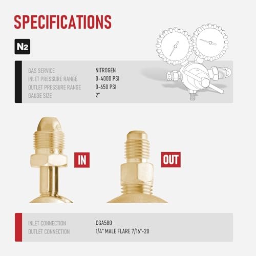 Precision Nitrogen Regulator 0-800 PSI CGA580 Brass Welding Gauge Kit - Image 3