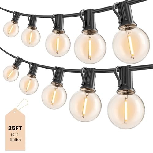 25ft Outdoor String Lights, G40 LED Shatterproof Globe Lights, Dimmable & Waterproof