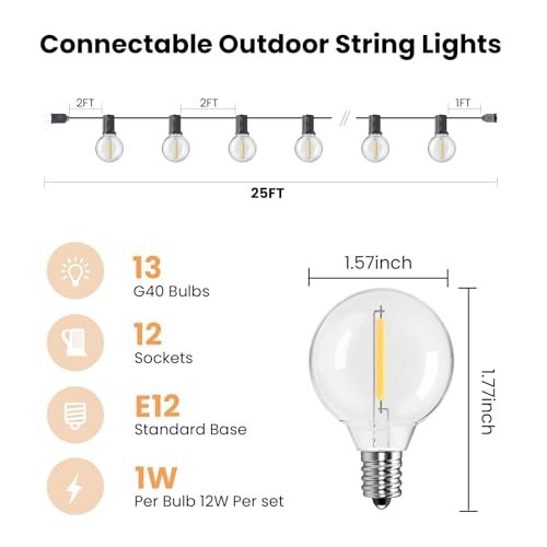 25ft Outdoor String Lights, G40 LED Shatterproof Globe Lights, Dimmable & Waterproof - Image 2