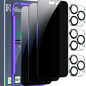 Ferilinso [3+3 Pack] for Apple iPhone 14 Pro Privacy Screen Protector Tempered Glass Accessories 3 Pack 9H Anti Spy Privacy Screen for iPhone 14 Pro 3 Pack Camera Lens Protector CAse Friendly