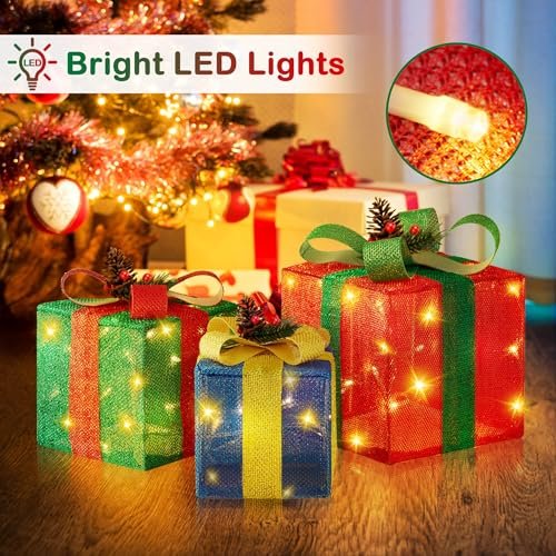"Christmas LED Gift Boxes Set of 3 - Large Lighted Decorations for Home" - Image 2