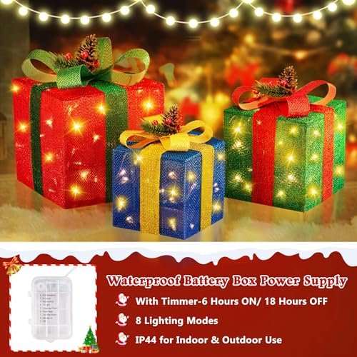 "Christmas LED Gift Boxes Set of 3 - Large Lighted Decorations for Home" - Image 3