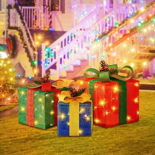 "Christmas LED Gift Boxes Set of 3 - Large Lighted Decorations for Home" - Image 9