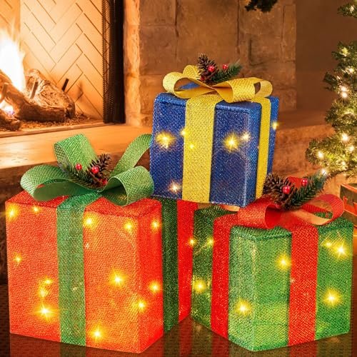 "Christmas LED Gift Boxes Set of 3 - Large Lighted Decorations for Home"