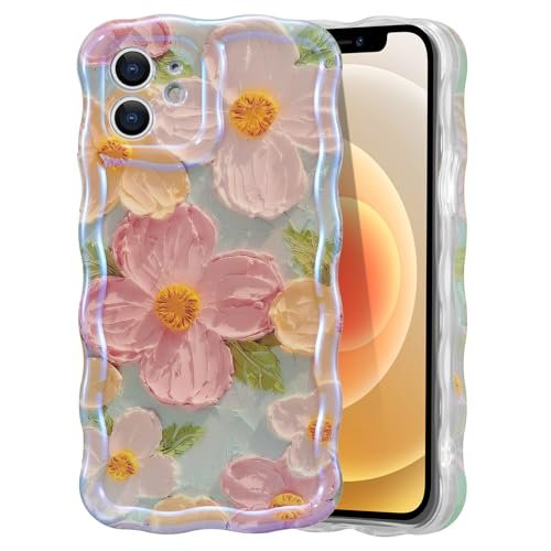 EYZUTAK Case for iPhone 12, Colorful Retro Oil Painting Printed Flower Laser Beam Glossy Pattern Cute Curly Waves Border Exquisite Phone Cover Stylish Durable TPU Protective Case for Girls Women-Green