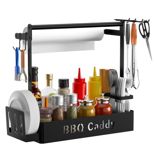 ZDDLOINP BBQ Grill Caddy with Paper Towel Holder & Utensil Hooks