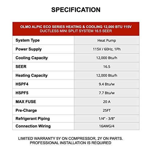 OLMO Alpic 12K BTU Mini Split AC/Heat Pump - Efficient 17.4 SEER2 Ductless System - Image 7